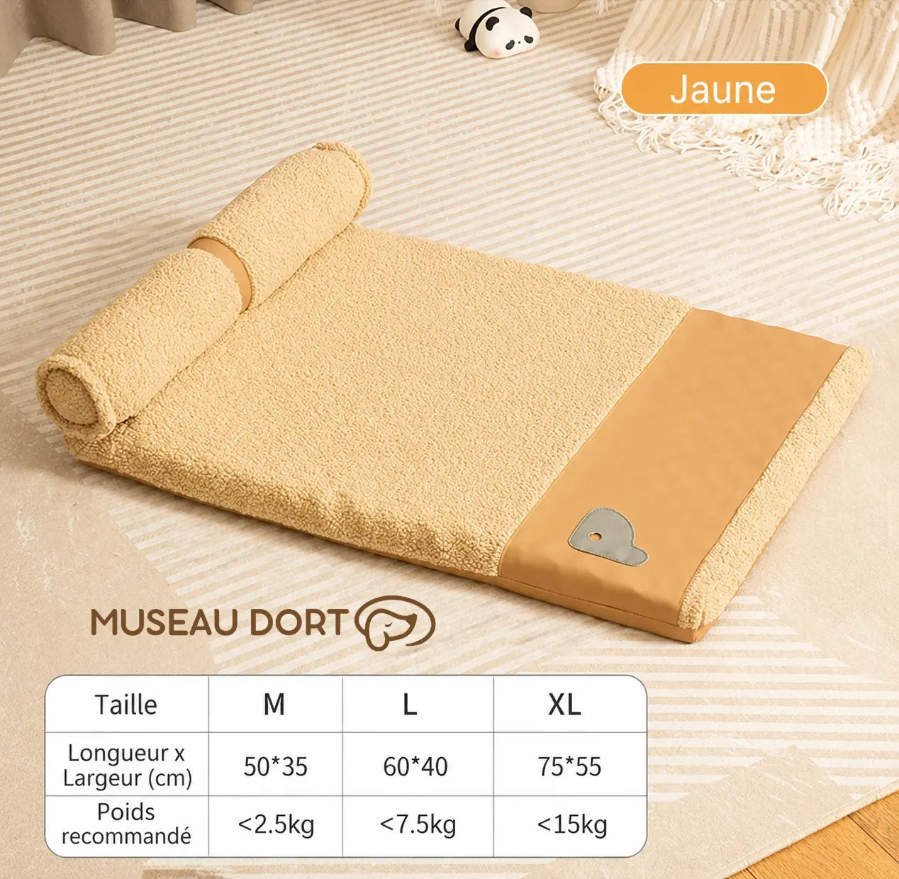 Coussin pour chien jaune avec traversin, tailles M, L et XL, adapté aux petits chiens âgés pesant jusqu’à 15 kg.