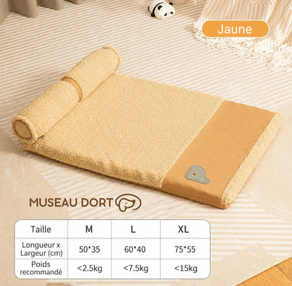 Coussin pour chien jaune avec traversin, tailles M, L et XL, adapté aux petits chiens âgés pesant jusqu’à 15 kg.