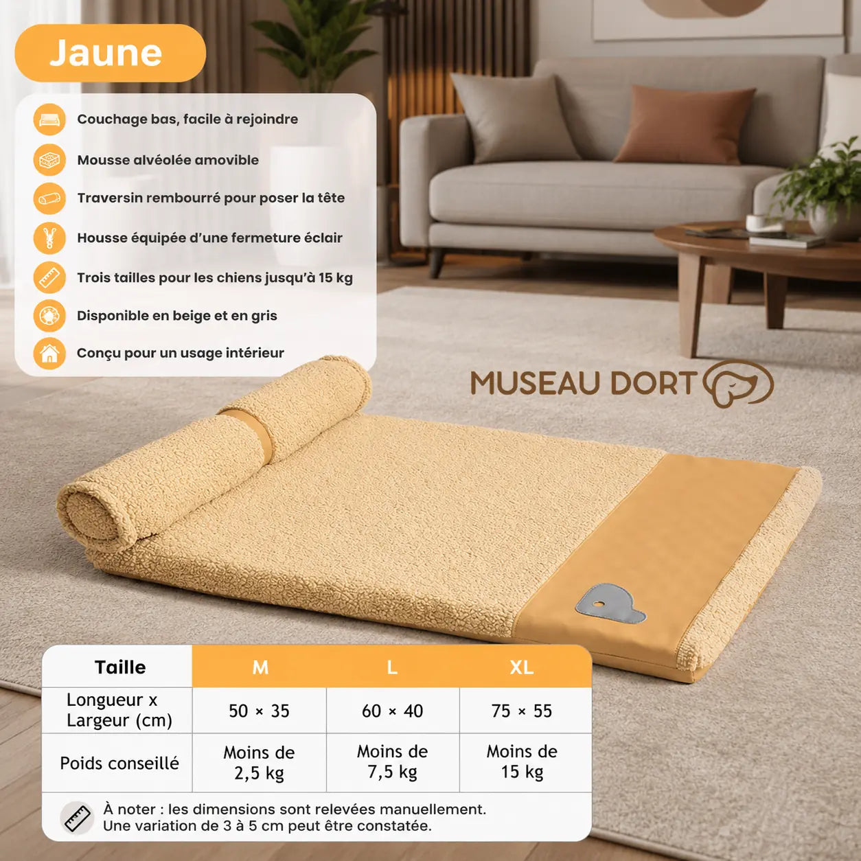Coussin pour chien jaune avec traversin, tailles M à XL et caractéristiques pour petit chien âgé jusqu’à 15 kg.