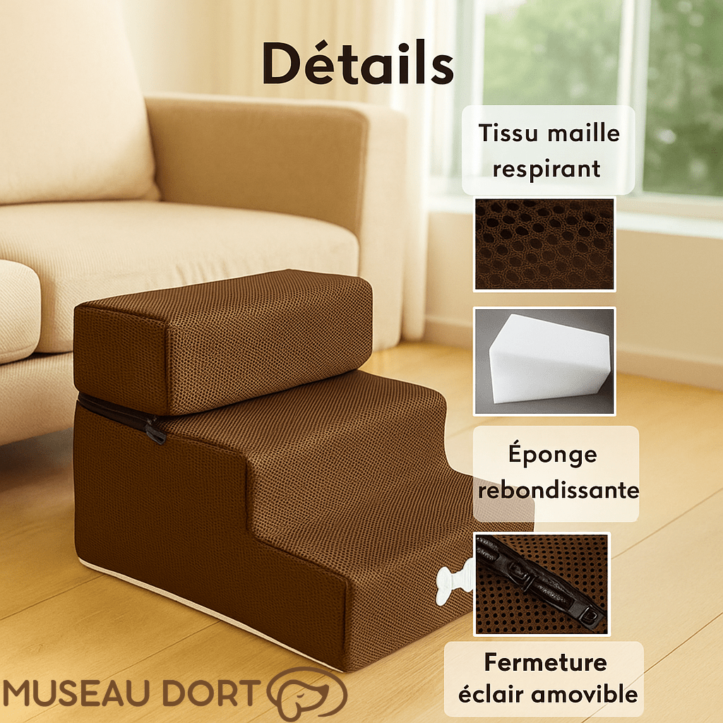 Détails escalier pour chien en mousse avec tissu respirant, éponge rebondissante et housse zippée amovible, Museau Dort