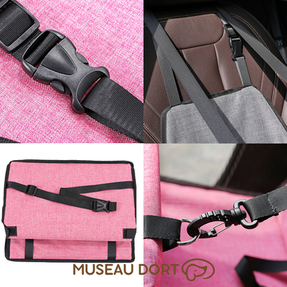 Détails des sangles et attaches de sécurité d’un siège auto rose pour chien, système de fixation robuste – Disponible chez Museau Dort