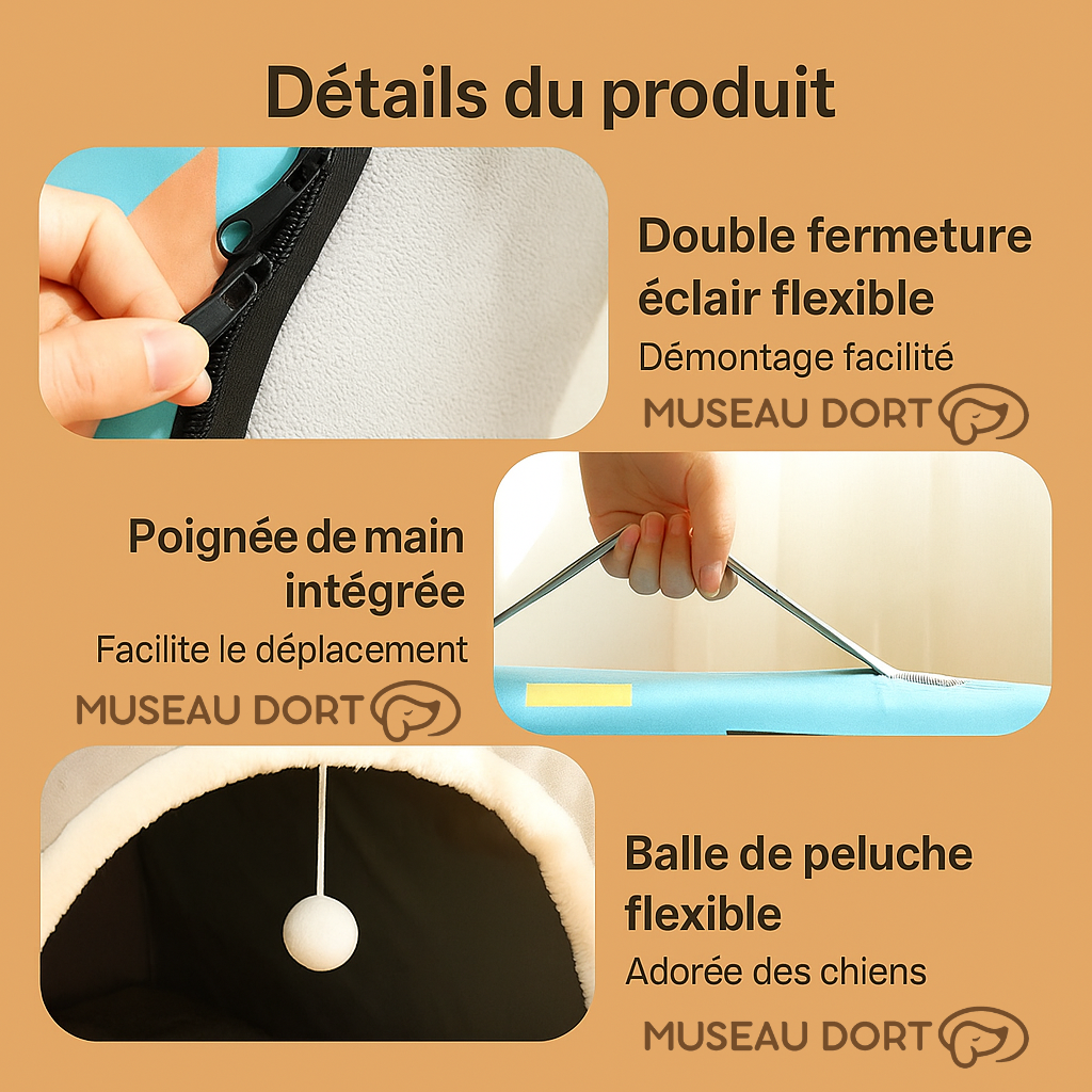 Détails de la niche pour chat et chien : double fermeture éclair, poignée intégrée et balle de peluche – Museau Dort