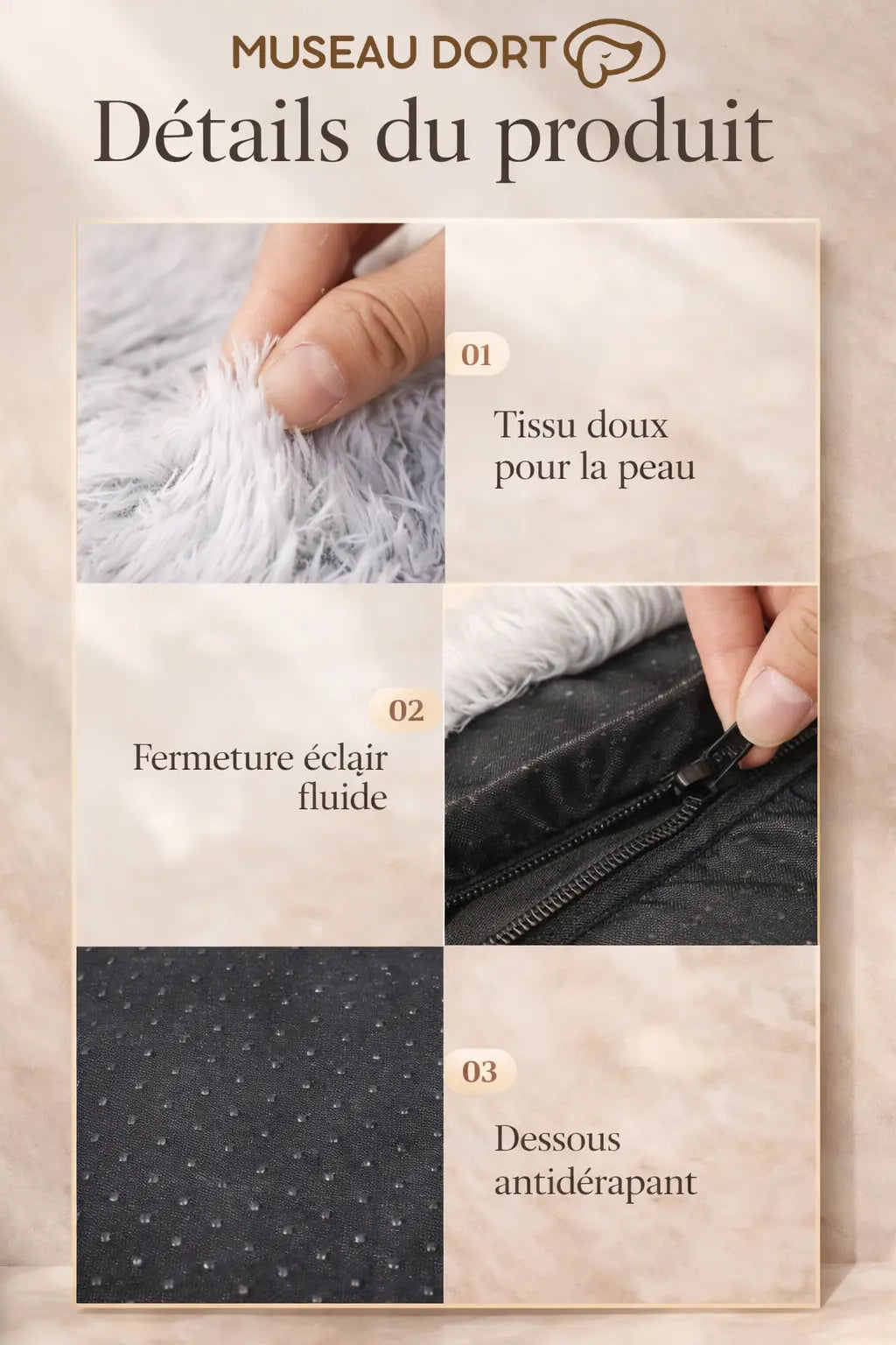 Détails du coussin chien haut de gamme : tissu doux, fermeture fluide et dessous antidérapant Museau Dort