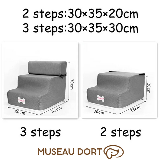 Dimensions escalier pour chien 2 ou 3 marches en mousse – 30x35x20 cm ou 30x35x30 cm – Disponible chez Museau Dort

