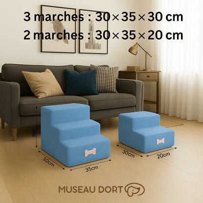 Escalier pour chien 2 ou 3 marches avec dimensions, modèle en mousse pour petit chien et chien sénior, Museau Dort.