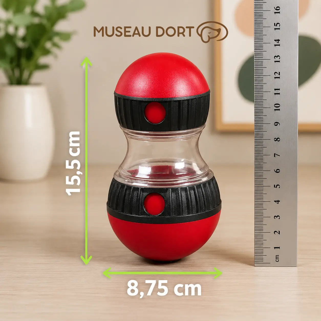 Dimensions du jouet distributeur de croquettes pour chien rouge avec hauteur 15,5 cm et largeur 8,75 cm