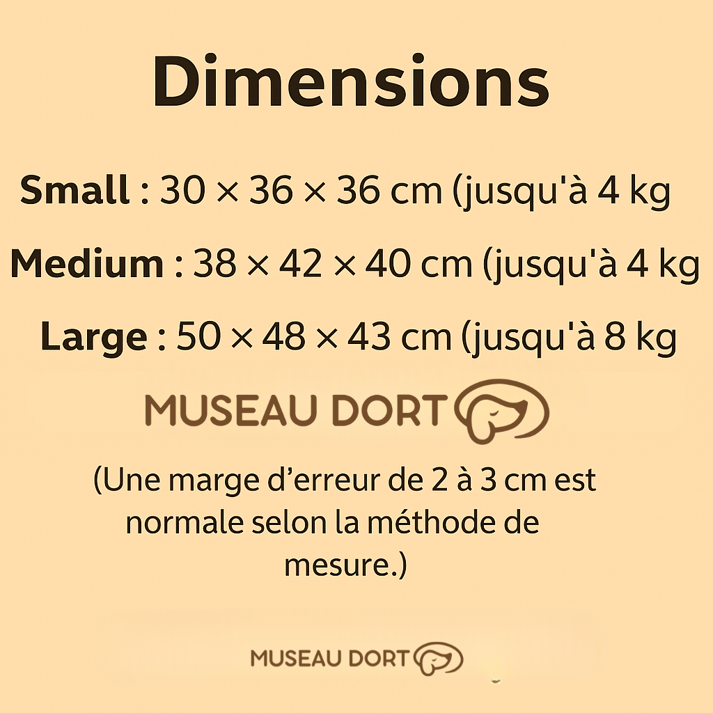 Tableau des dimensions de la niche intérieure Maison d’Ours pour chien, tailles S à L avec poids maximum. Disponible chez Museau Dort