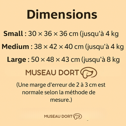 Tableau des dimensions de la niche intérieure Maison d’Ours pour chien, tailles S à L avec poids maximum. Disponible chez Museau Dort