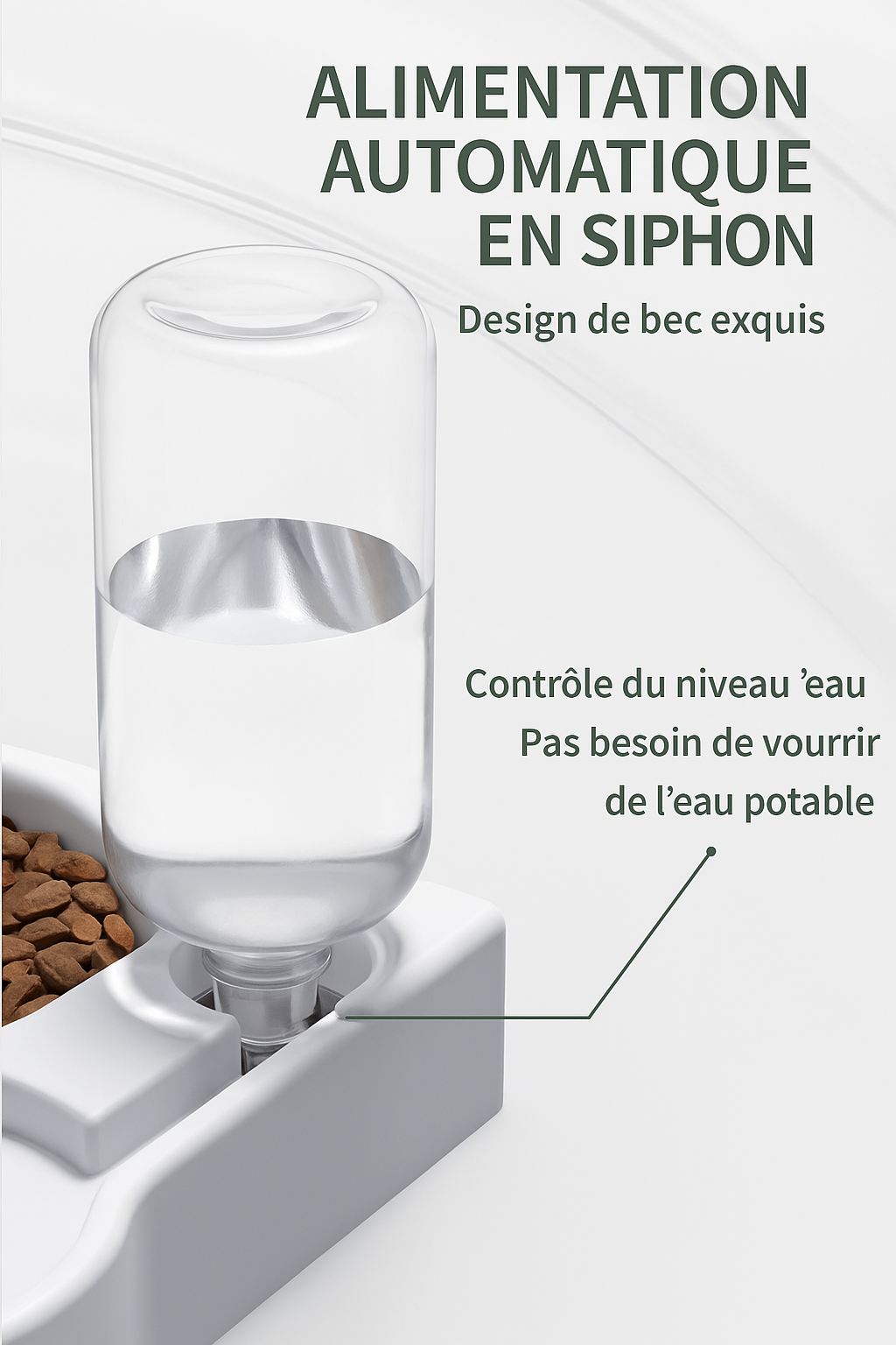 Distributeur d’eau automatique en siphon avec contrôle du niveau d’eau. Gamelle cœur pour chien et chat. Disponible chez Museau Dort