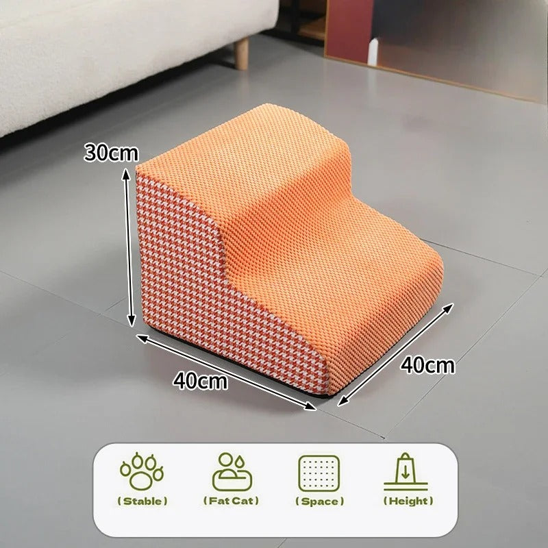 Escalier pour chien en mousse haute densité, 2 marches, stable et antidérapant, dimensions 40x40x30 cm, coloris orange motif pied-de-poule, disponible chez Museau Dort