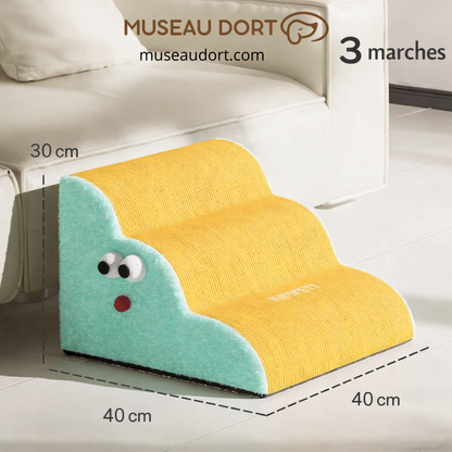 Escalier chien 3 marches 40x40 cm hauteur 30 cm antidérapant jaune et vert.
