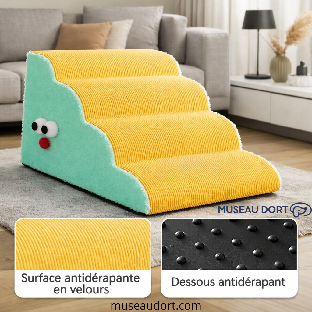 Escalier pour chien 4 marches antidérapant surface velours et base antiglisse jaune vert Museau Dort