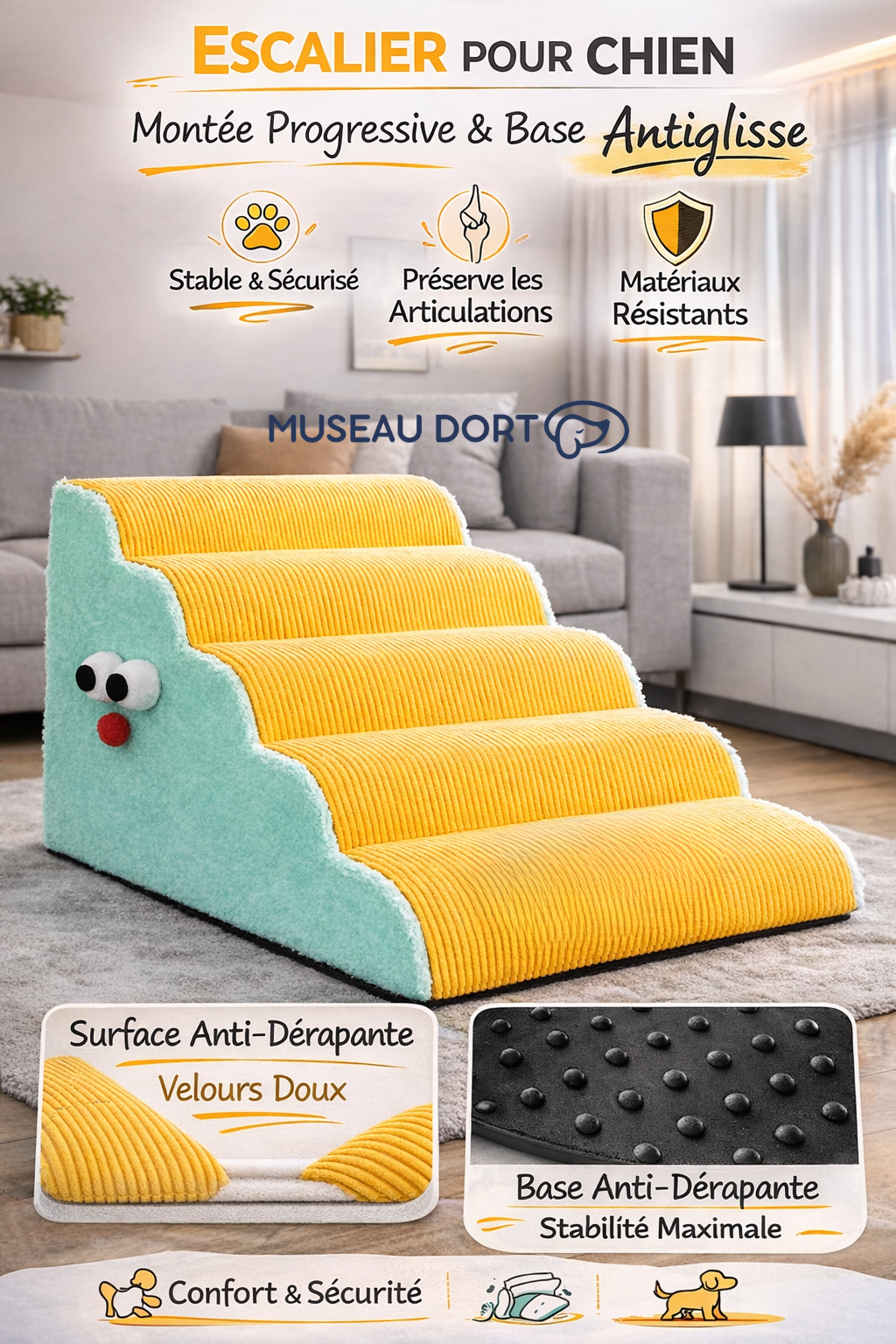 Escalier pour chien 4 marches montée progressive base antiglisse stabilité maximale Museau Dort