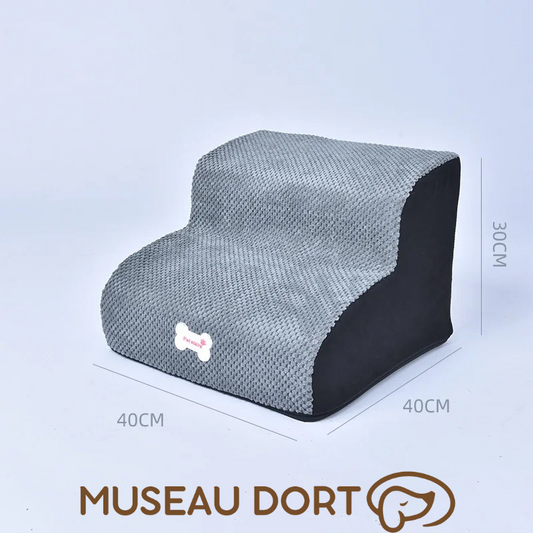 Escalier en mousse pour chien 2 marches gris 40x40 cm – Antidérapant et lavable. Disponible chez Museau Dort