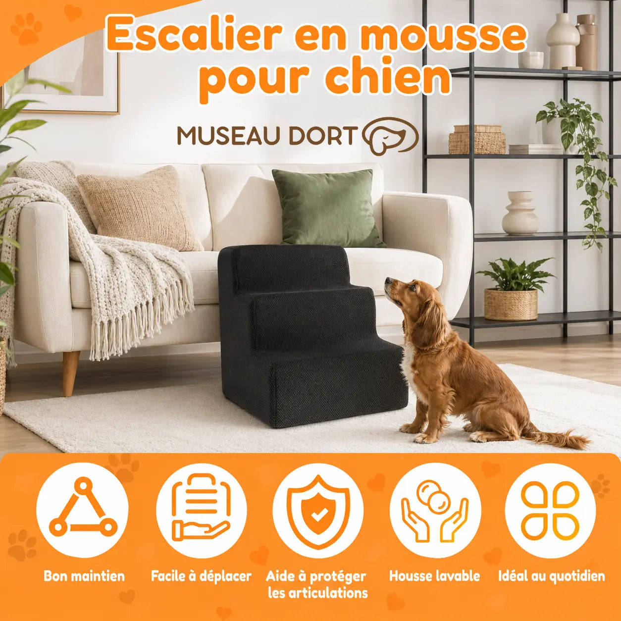 Escalier en mousse pour chien 3 marches avec housse lavable, bon maintien et base antidérapante, Museau Dort