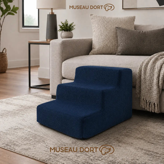 Escalier en mousse bleu pour chien 3 marches dans salon moderne, housse lavable pour canapé et lit bas, Museau Dort