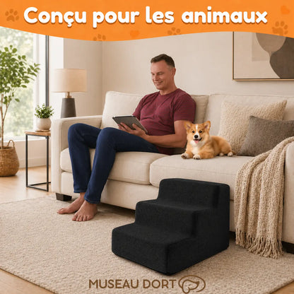 Escalier en mousse pour chien près du canapé, conçu pour animaux avec 3 marches et housse lavable, Museau Dort