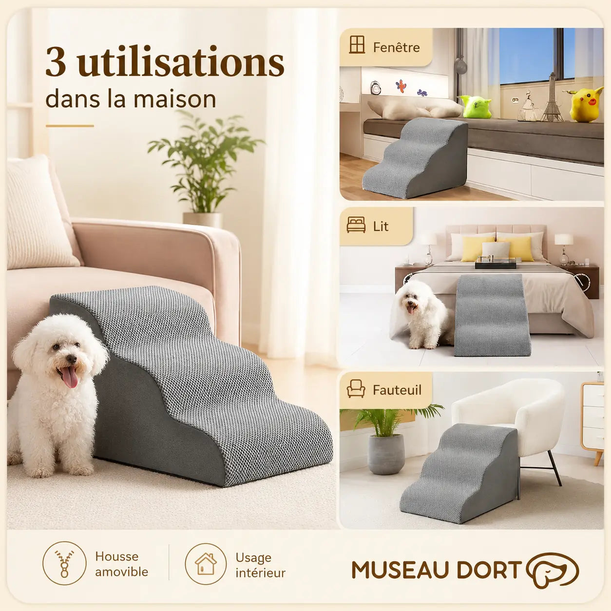 Escalier en mousse pour chien utilisé près d’un canapé, d’un lit et d’un fauteuil dans la maison.