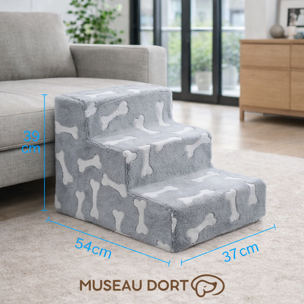 Escalier pour chien 3 marches en mousse antidérapante, dimensions 54 x 37 x 39 cm, posé près du canapé, Museau Dort