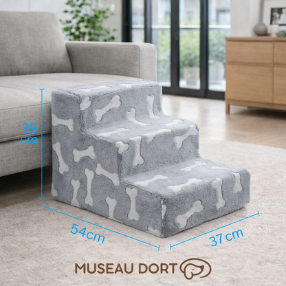 Escalier pour chien 3 marches en mousse antidérapante, dimensions 54 x 37 x 39 cm, posé près du canapé, Museau Dort