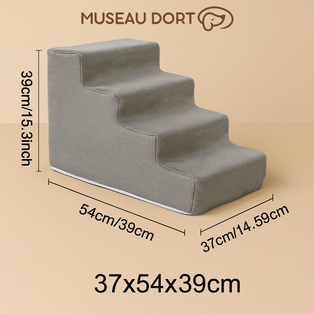 Escalier pour chien 4 marches en tissu beige, dimensions 37x54x39 cm, aide à monter sur le lit ou canapé. Museau Dort