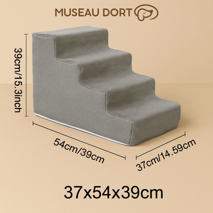 Escalier pour chien 4 marches en tissu beige, dimensions 37x54x39 cm, aide à monter sur le lit ou canapé. Museau Dort