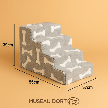 Escalier pour chien 4 marches en mousse grise, design os blanc, aide à monter sur lit ou canapé. Museau Dort