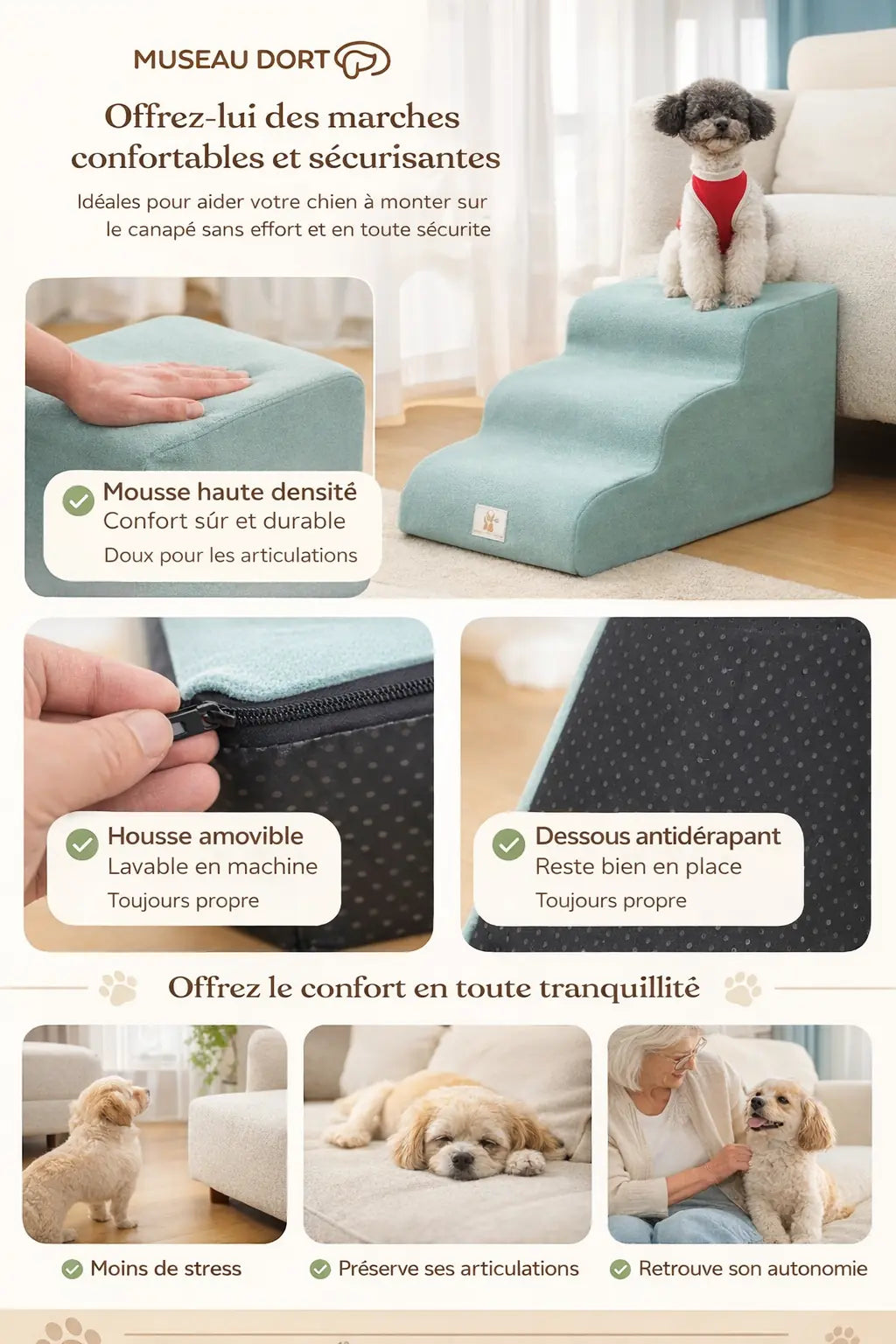Infographie escalier pour chien avec mousse dense, housse amovible et dessous antidérapant Museau Dort