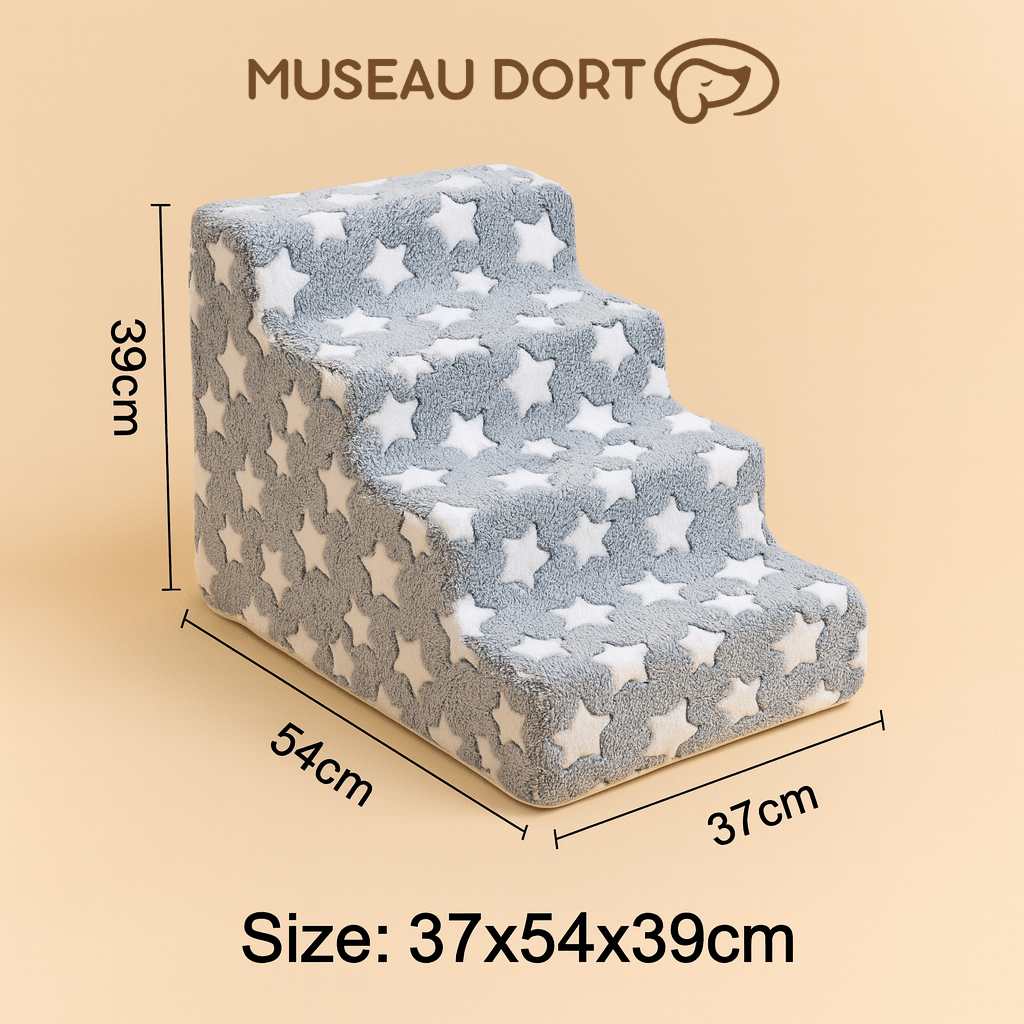Escalier pour chien 4 marches motif étoiles grises et blanches, dimensions 37x54x39 cm, design doux et stable. Museau Dort