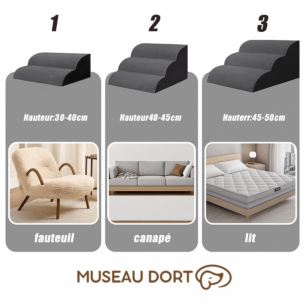 Escalier pour chien avec trois tailles (30-40 cm, 40-45 cm, 45-50 cm), adapté pour fauteuil, canapé, et lit.