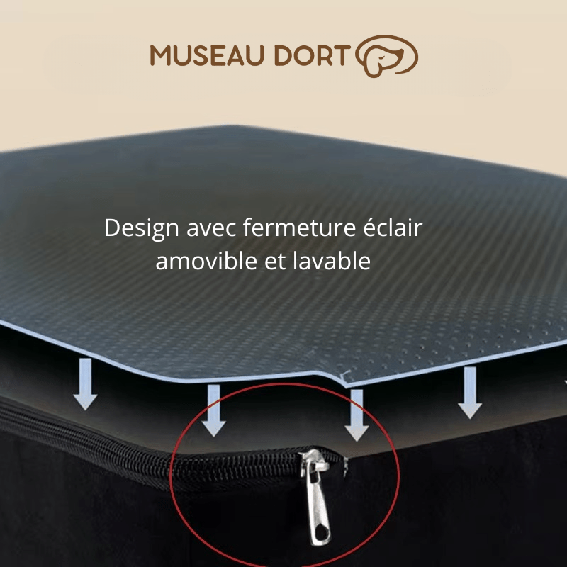 Design avec fermeture éclair amovible et lavable, illustrant un produit avec fermeture éclair visible.