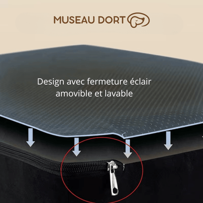 Design avec fermeture éclair amovible et lavable, illustrant un produit avec fermeture éclair visible.
