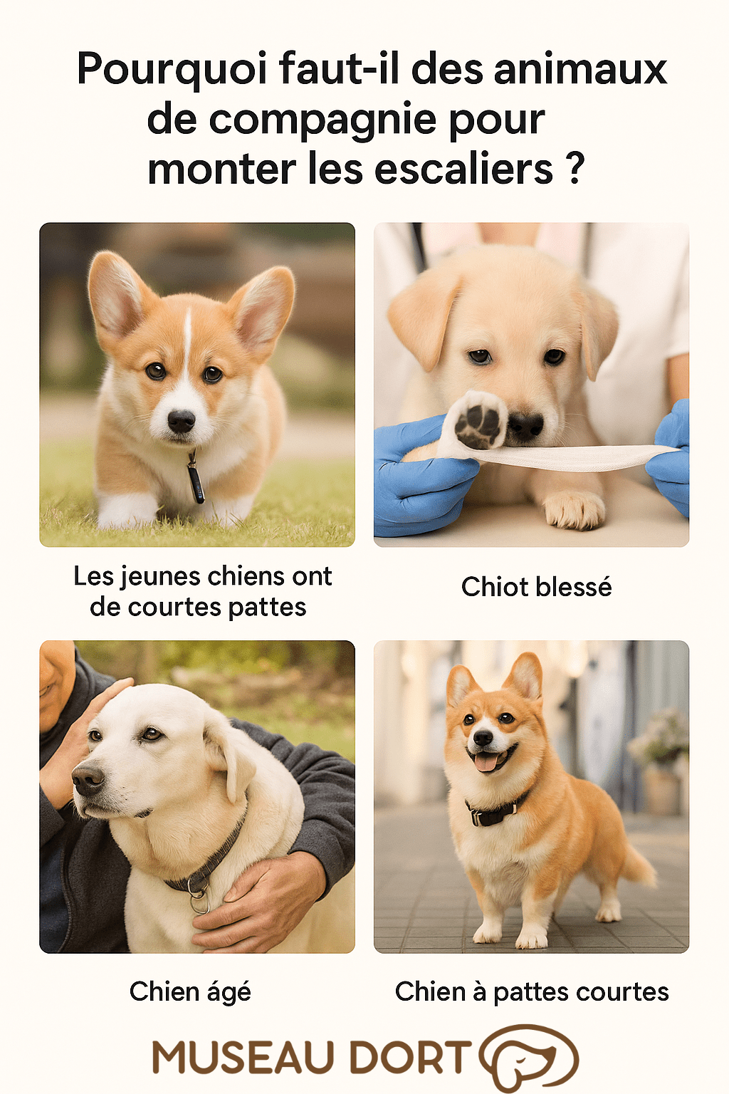 Quatre types d'animaux de compagnie ayant besoin d'aide pour monter les escaliers : chiot, chiot blessé, chien âgé.