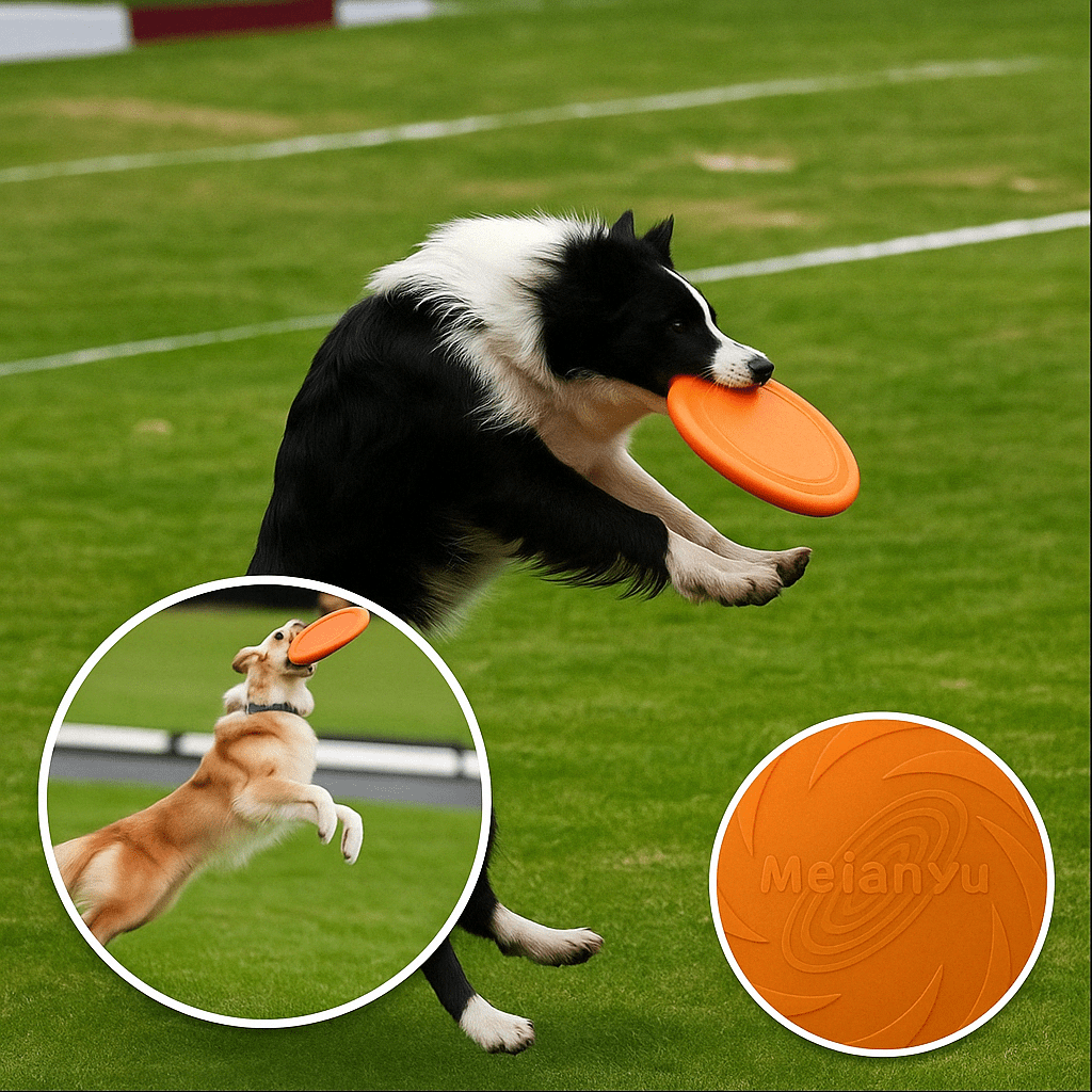 Chien attrapant un frisbee orange souple en plein air, jouet résistant idéal pour l’exercice et les jeux actifs Museau Dort