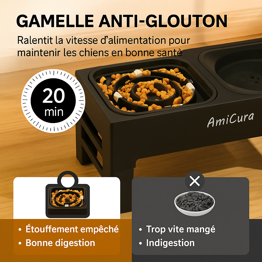 Gamelle anti-glouton pour chien, favorise une alimentation plus lente et une bonne digestion. Disponible chez Museau Dort.