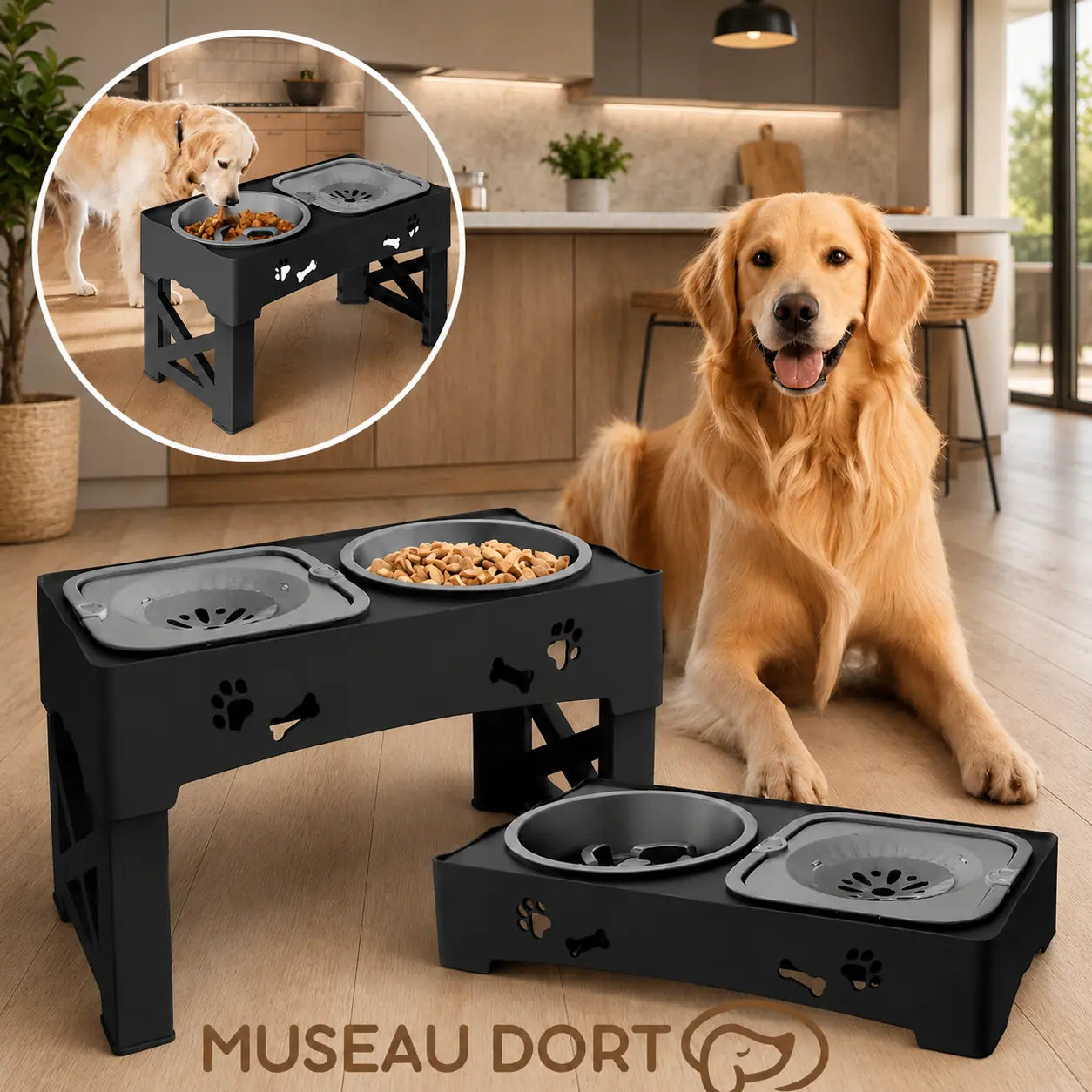 Golden retriever près d’une gamelle anti-glouton réglable dans une cuisine moderne