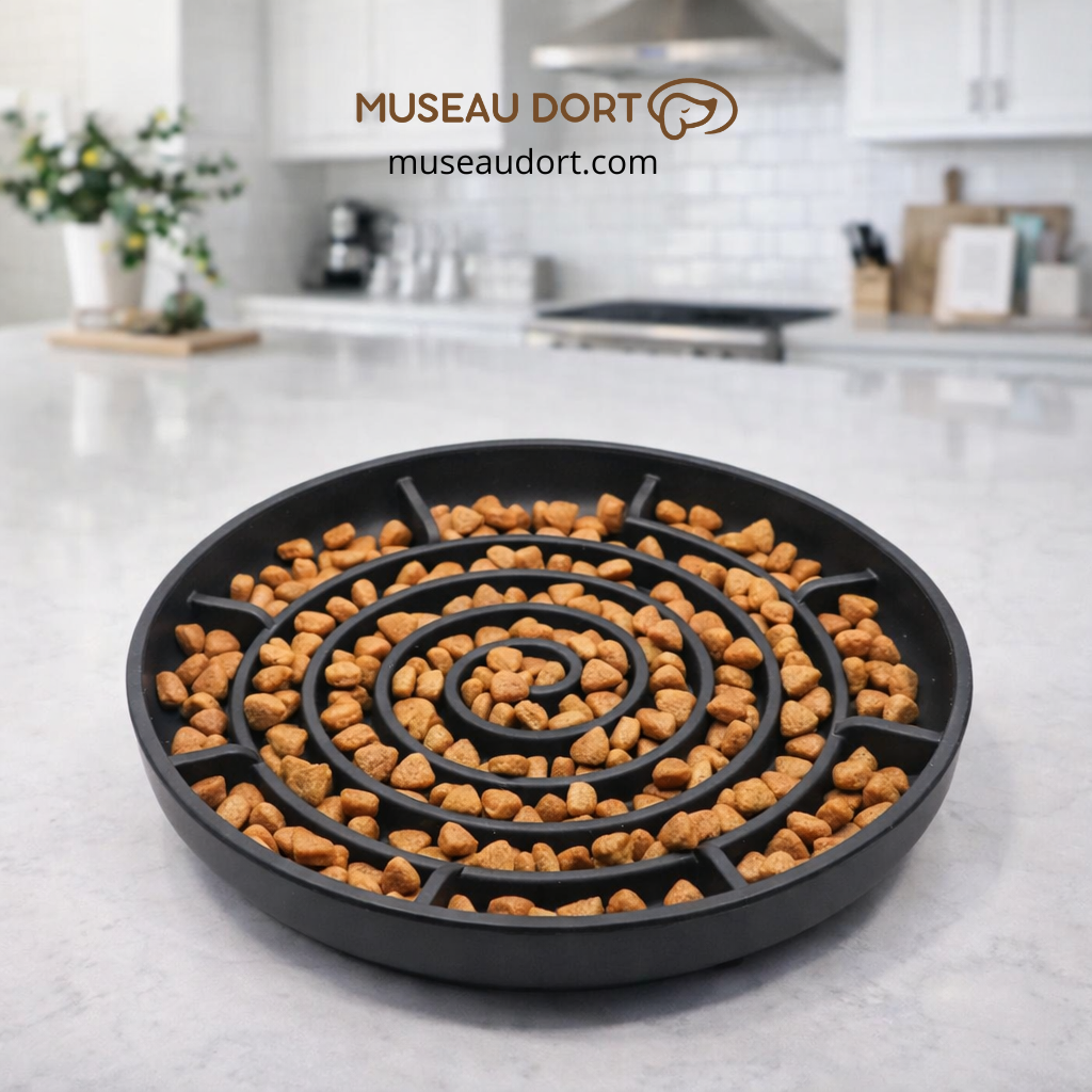 Gamelle anti glouton chien noire posée dans une cuisine moderne pour ralentir les repas et améliorer la digestion.