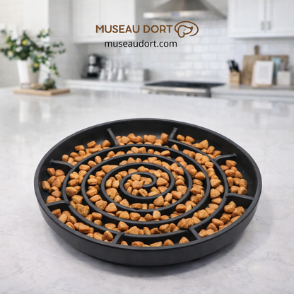 Gamelle anti glouton chien noire posée dans une cuisine moderne pour ralentir les repas et améliorer la digestion.