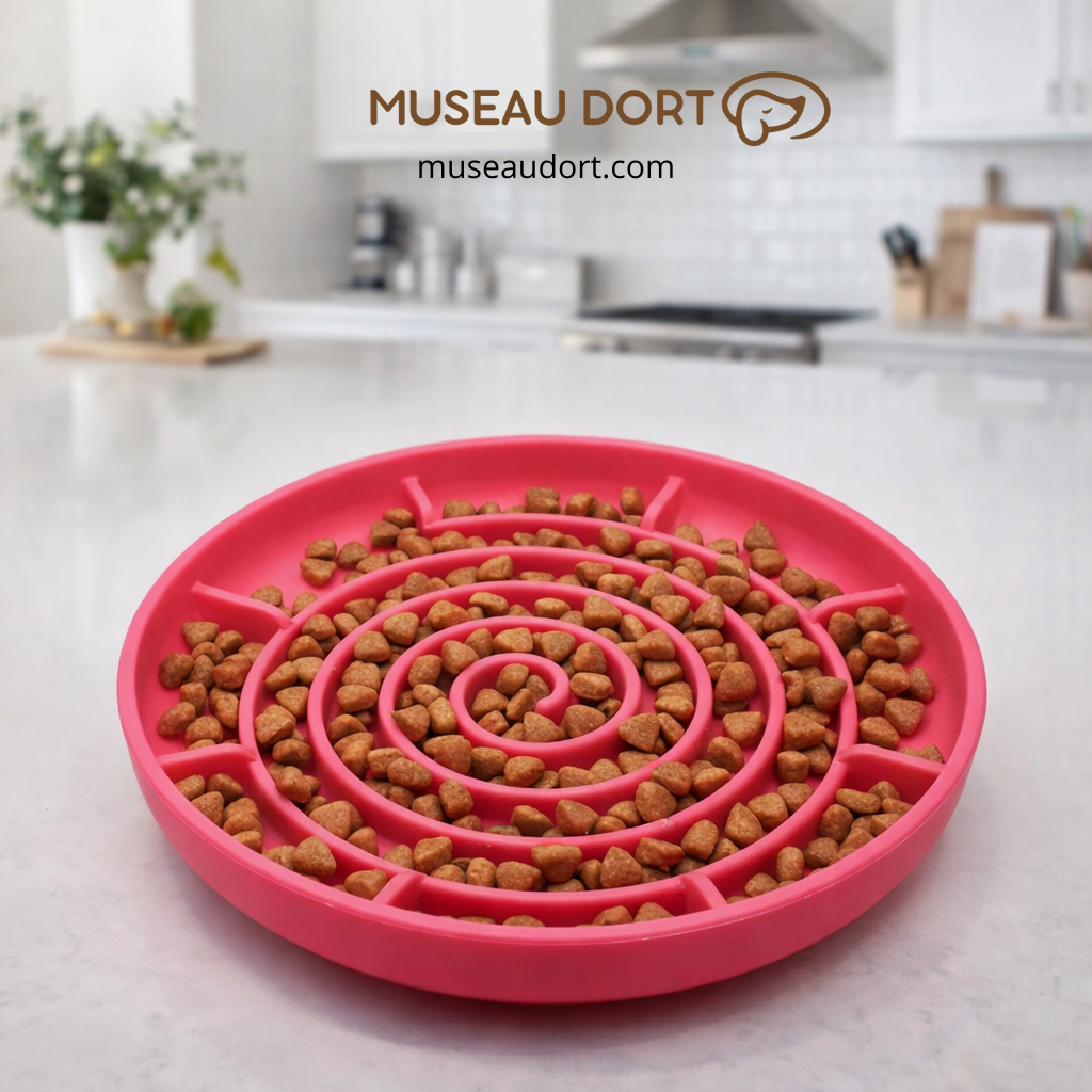 Gamelle anti glouton chien rose posée dans une cuisine moderne pour ralentir les repas et améliorer la digestion.