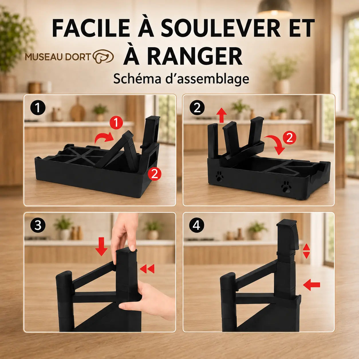 Schéma d’assemblage d’une gamelle anti-glouton pliable pour chien avec système réglable