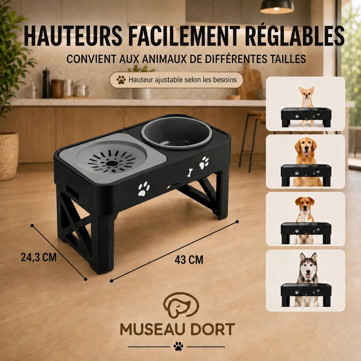 Gamelle anti-glouton réglable pour chien avec dimensions  43 x 24,3 cm