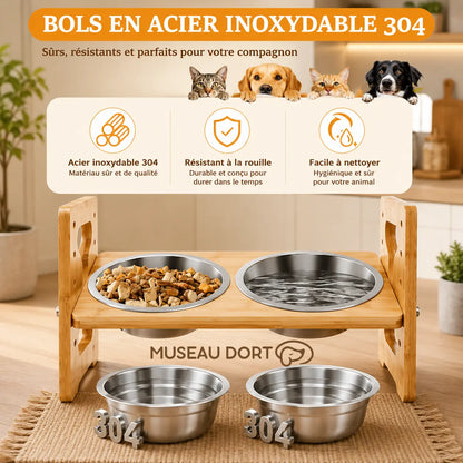Gamelle surélevée en bambou avec deux bols amovibles en acier inoxydable pour petit chien