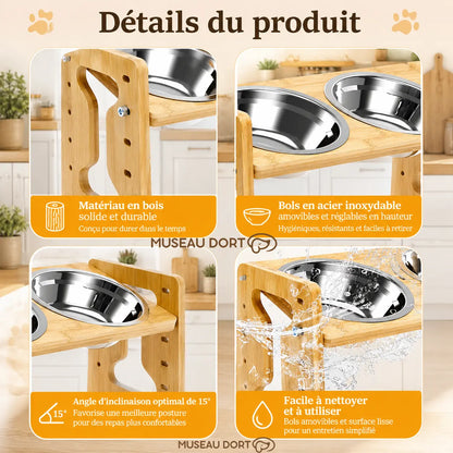 Détails d’une gamelle surélevée en bambou avec bols inox amovibles et inclinaison réglable à 15°