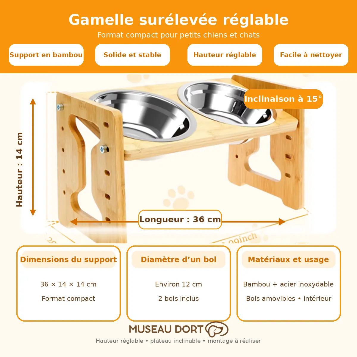 Dimensions d’une gamelle surélevée réglable en bambou avec deux bols inox pour petits chiens