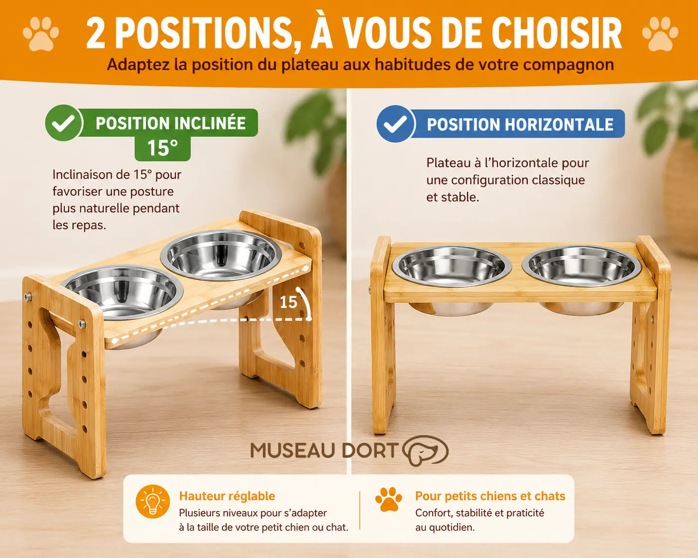 Gamelle surélevée en bambou présentée en position horizontale et inclinée à 15°