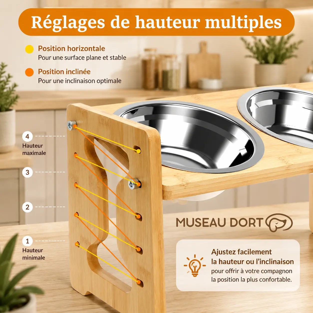 Réglages de hauteur d’une gamelle surélevée en bambou avec positions horizontale et inclinée