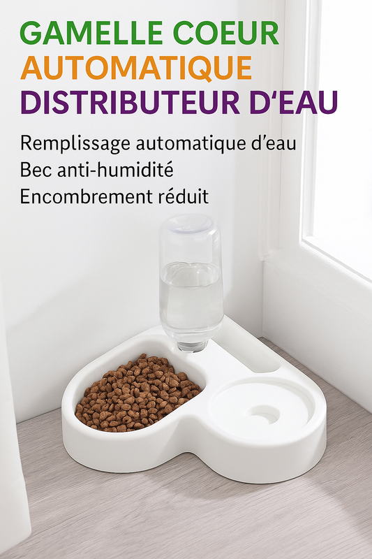 Gamelle en forme de cœur avec distributeur d’eau automatique pour chien et chat. Disponible chez Museau Dort

