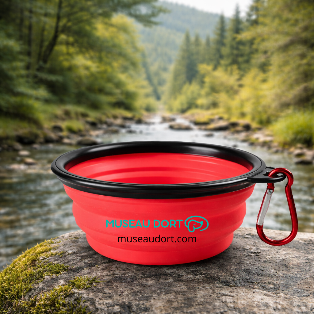 Gamelle pliable pour chien en silicone rouge avec mousqueton, posée en nature près d’une rivière, Museau Dort