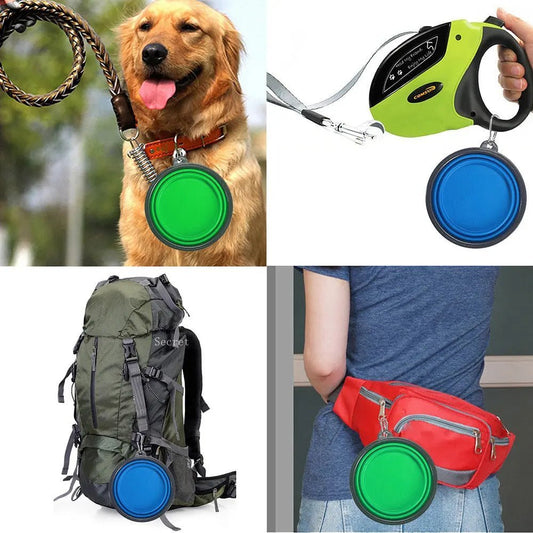 Gamelle pliable pour chien accrochée à une laisse, un sac à dos et une ceinture – Idéale pour le voyage et les balades – Disponible chez Museau Dort