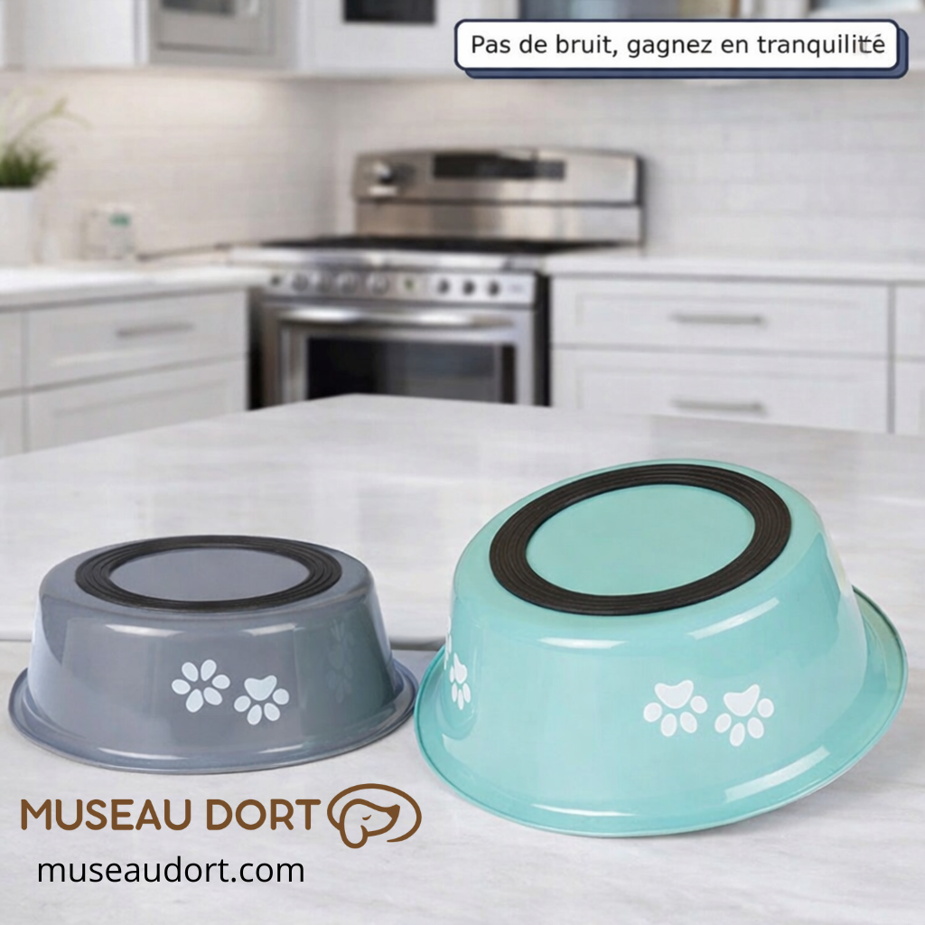 Gamelle pour chien antidérapante en inox, base silencieuse, stable sur carrelage, cuisine moderne, Museau Dort